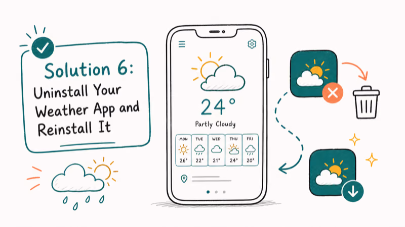 Hand-drawn illustration of Solution 6: Uninstall Your Weather App and Reinstall It