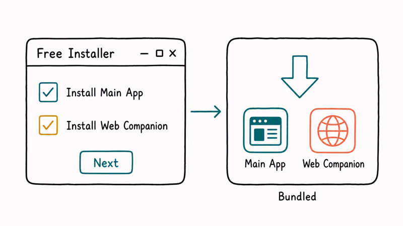 Free installer wizard with pre checked Web Companion option installing alongside the requested main app