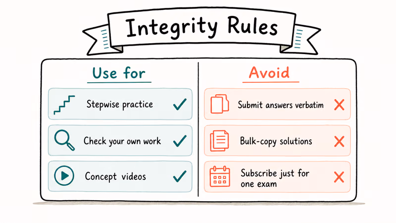 Hand-drawn two column card listing study site dos like stepwise practice versus donts like submitting answers verbatim