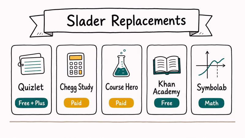 Hand-drawn five card lineup of Slader replacement study sites including Quizlet Chegg Course Hero Khan Academy and Symbolab