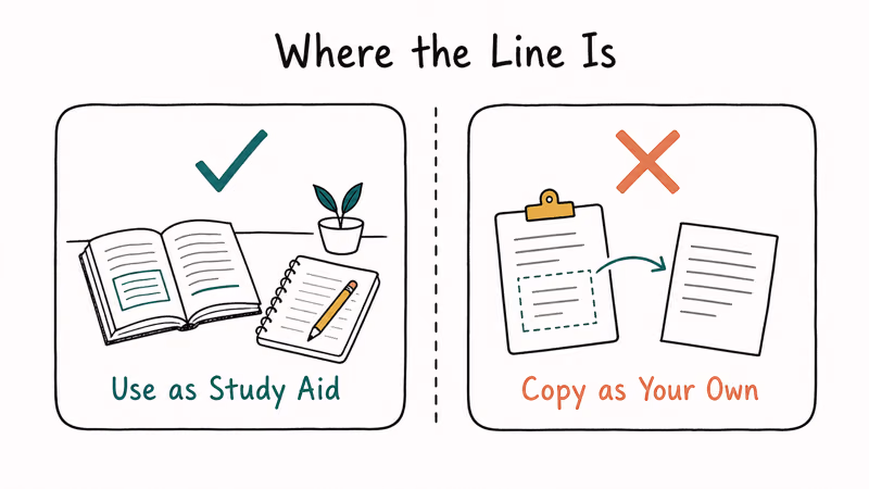 Two column rule showing study aid use allowed and copying summaries as your own work forbidden