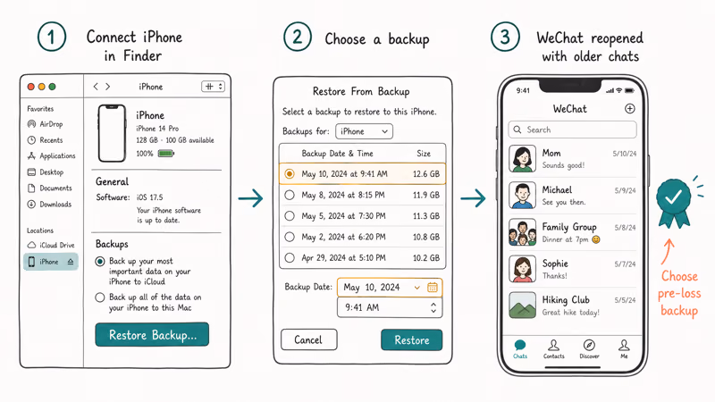 Three-panel iPhone WeChat recovery via Finder restore backup picking pre-loss backup date and verifying chats