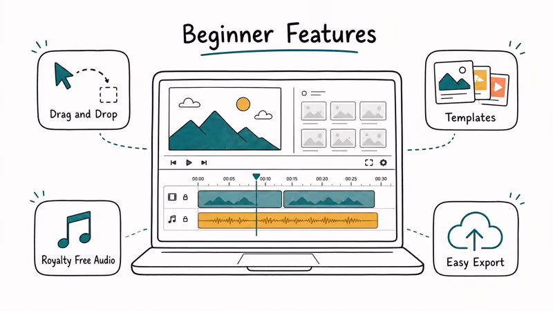 Beginner wedding editor checklist showing drag and drop templates royalty free audio and easy export options