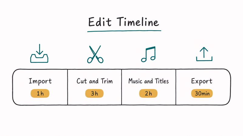 Wedding video editing timeline showing import cut trim music titles and export phases with hour estimates