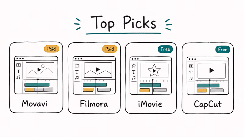 Four beginner wedding video editor apps Movavi Filmora iMovie and one more shown as small tiles