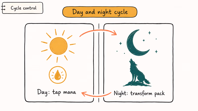 Side by side day and night panels showing werewolf transformation cycle between mana and transform states