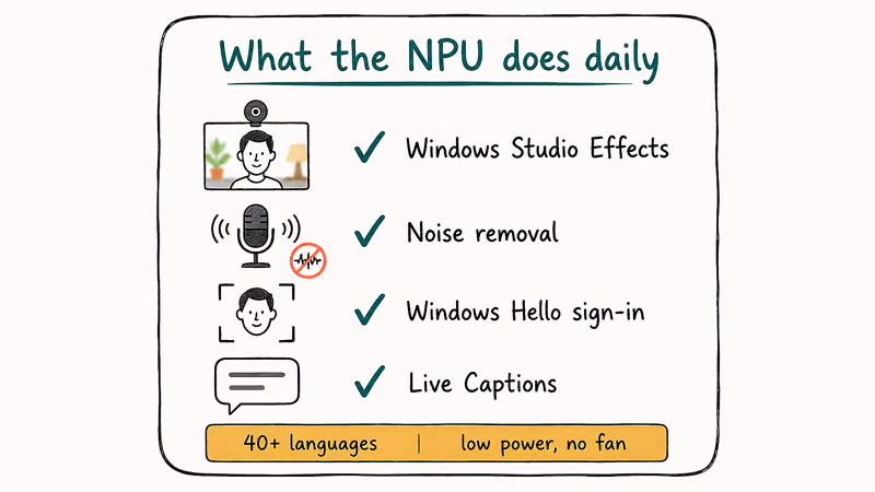 Hand-drawn list of daily NPU tasks: webcam effects, noise removal, face sign-in, captions