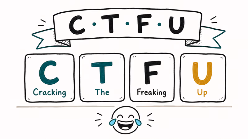Hand-drawn four letter acronym card showing CTFU decoded as Cracking The F Up with a laughing face
