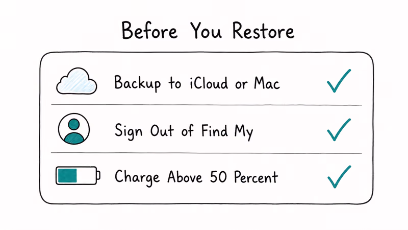 Pre restore checklist showing iCloud backup sign out of Find My and battery above fifty percent all checked