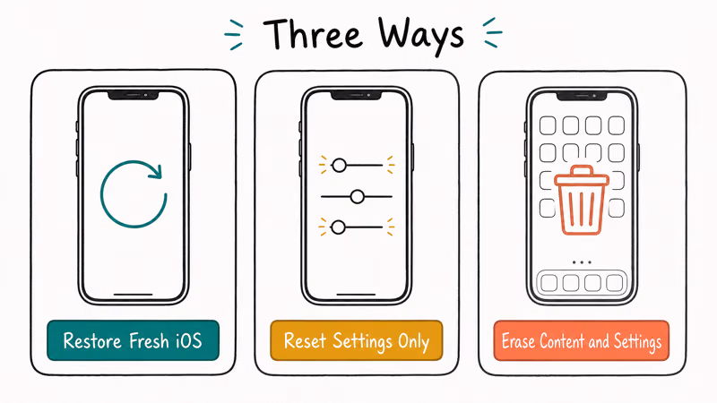 Three panels comparing Restore Reset and Erase actions on an iPhone with their scope clearly labeled