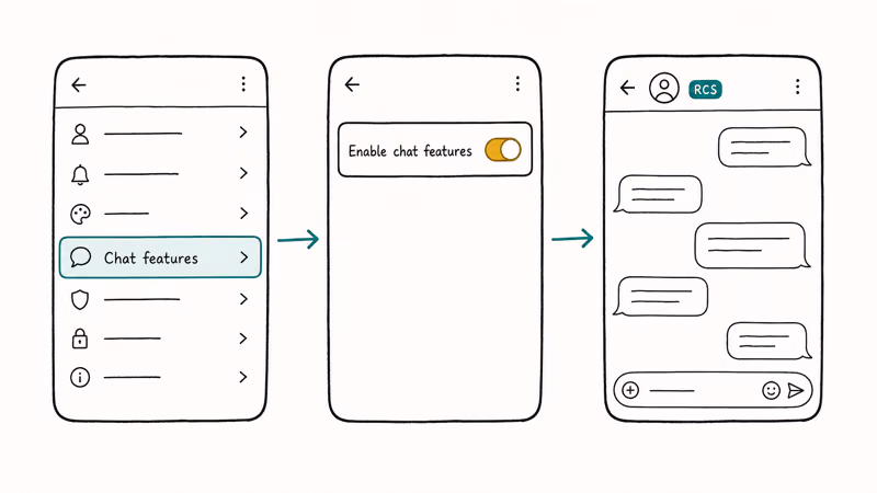 Hand-drawn three-step Google Messages settings flow to enable RCS chat features and confirm in thread.