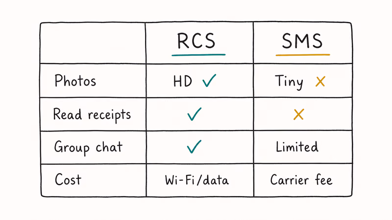Hand-drawn comparison table of RCS vs SMS across photos read receipts group chat and cost.