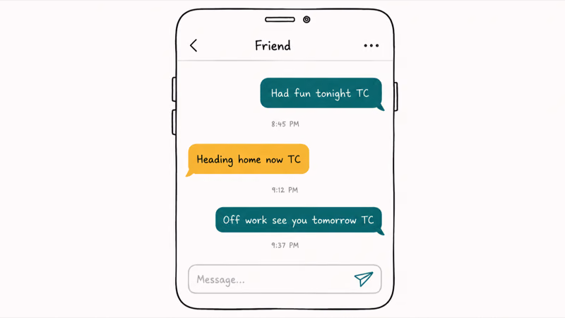 Phone chat screen showing three messages using TC in different contexts including dating family and work