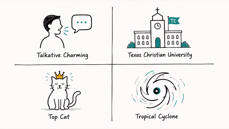 Four quadrant matrix of TC alternate meanings including university nickname weather term and informal slang