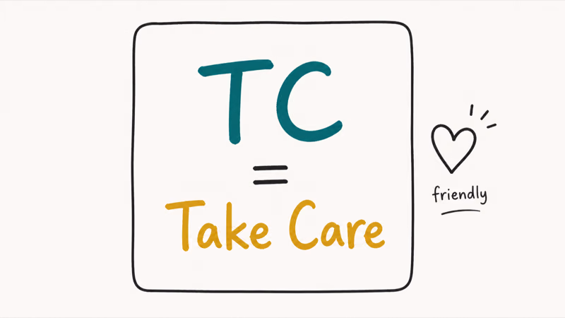 Large hand drawn TC expansion card showing Take Care label with a small heart icon for friendly tone