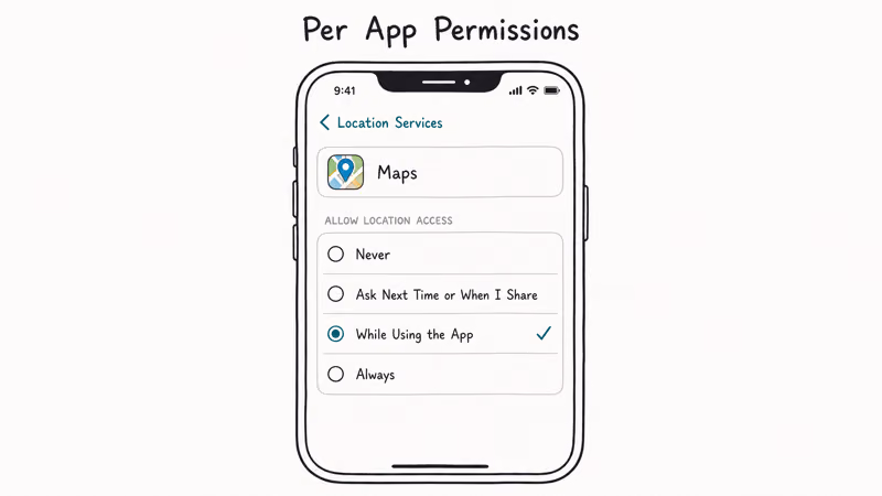 iPhone Location Services screen showing four permission options with While Using selected in teal