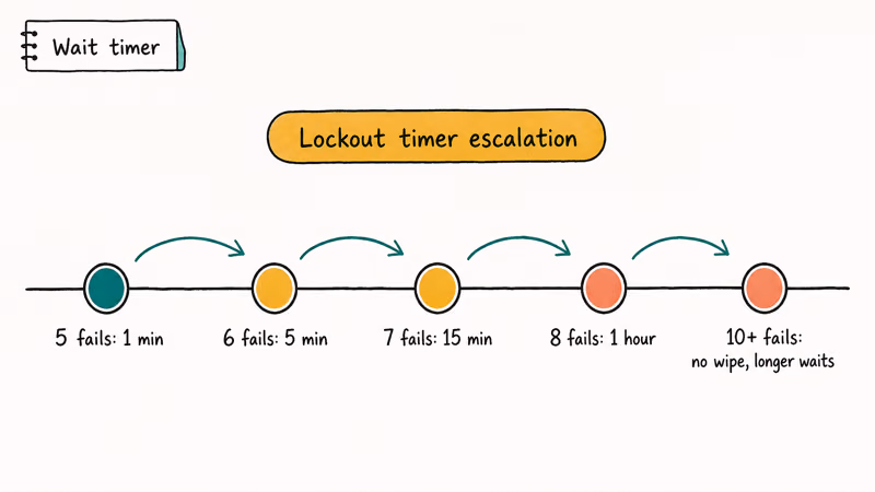 Timeline of Screen Time passcode failed attempts mapped to escalating lockout wait times from one minute to longer