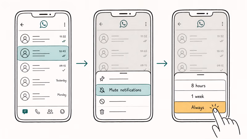 Hand-drawn three-step phone flow showing how to mute a WhatsApp chat with duration choices on the screen.