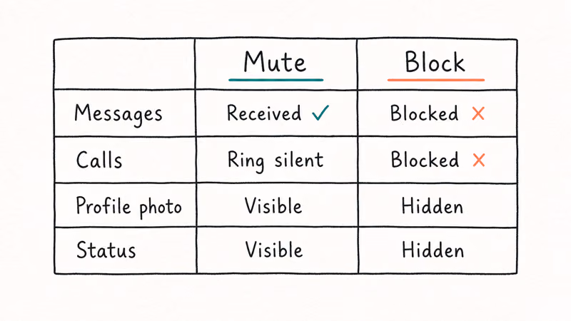 Hand-drawn two-column comparison table contrasting WhatsApp mute and block across messages calls profile and status.