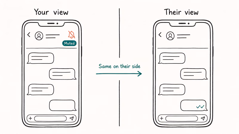 Hand-drawn split-screen showing muter and muted-contact phones with identical chat checks indicating no visible signal.