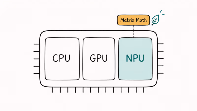 Labeled chip package showing CPU, GPU, and a highlighted NPU block for AI tasks