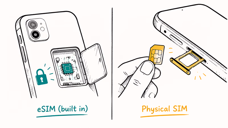 eSIM chip soldered inside a phone beside a removable plastic SIM card