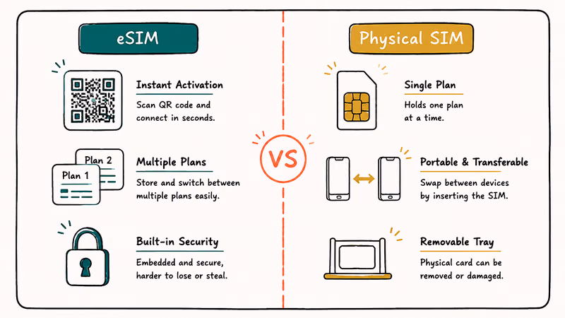 Side by side comparison of eSIM and physical SIM card activation switching and security