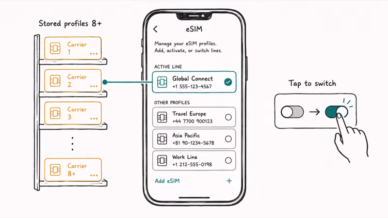 Phone storing several downloaded eSIM profiles with one active carrier line selected in settings