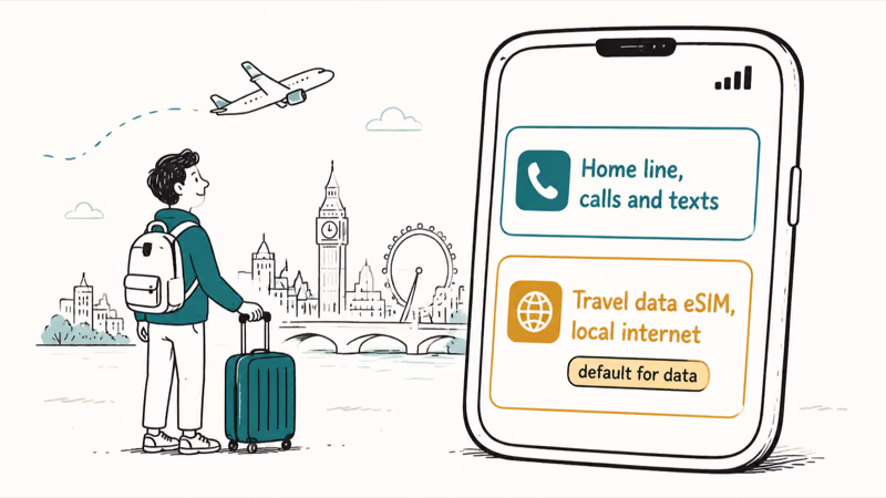 Traveler abroad using a home eSIM for calls and a travel eSIM for local data