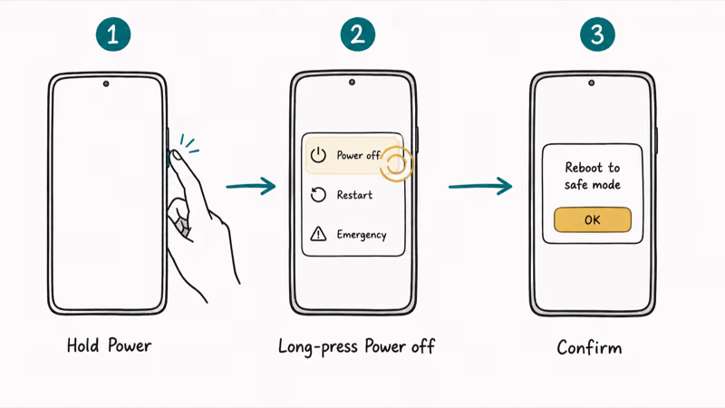 Three steps to enter Android Safe Mode by long pressing the power off menu option