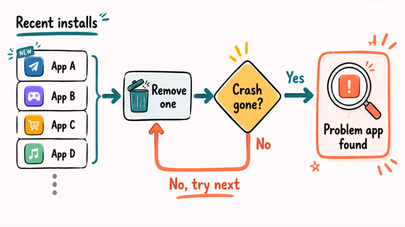Removing recently installed Android apps one at a time to find the crashing culprit app
