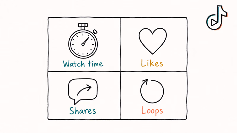 Hand-drawn 2x2 chart of four FYP algorithm signals including watch time likes shares and replays.