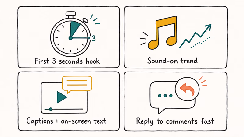 Hand-drawn 2x2 grid of four tested TikTok reach tactics including hook trending sound captions and reply speed.