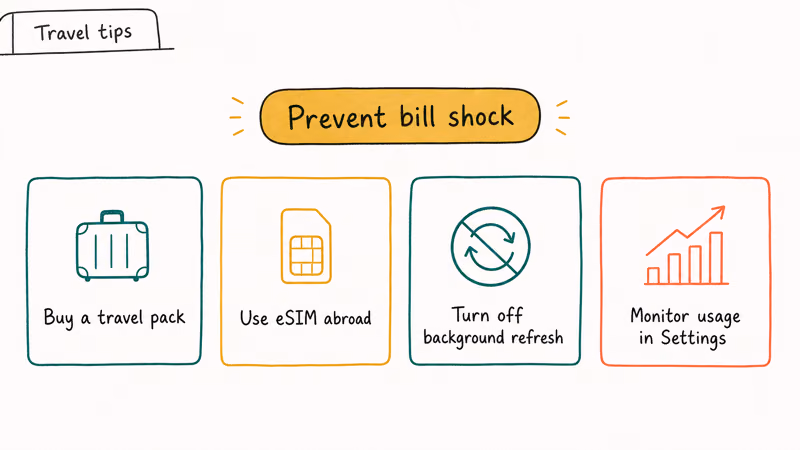 Four defensive tips to avoid iPhone roaming bill shock including travel pack eSIM and usage monitoring