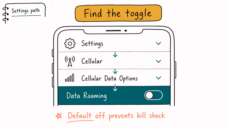iOS Settings navigation path showing Cellular Data Options to find the Data Roaming toggle on iPhone