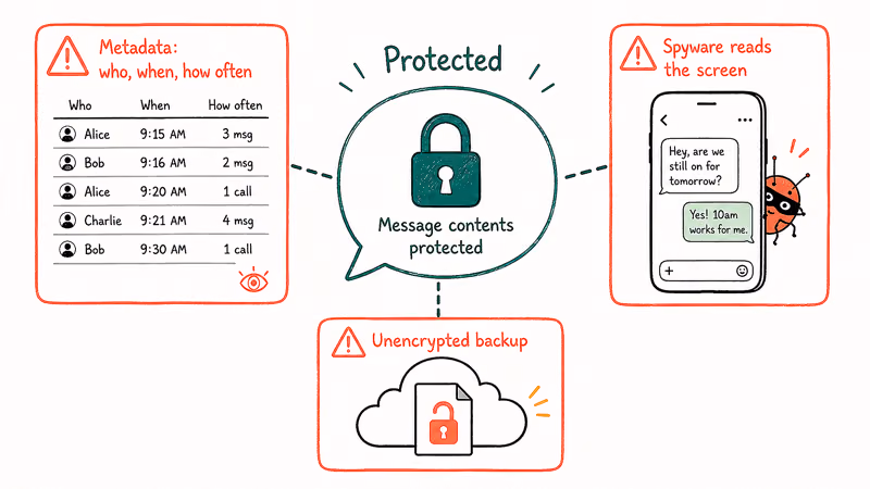 Illustration of encryption blind spots including exposed metadata, spyware on device, and plaintext backups