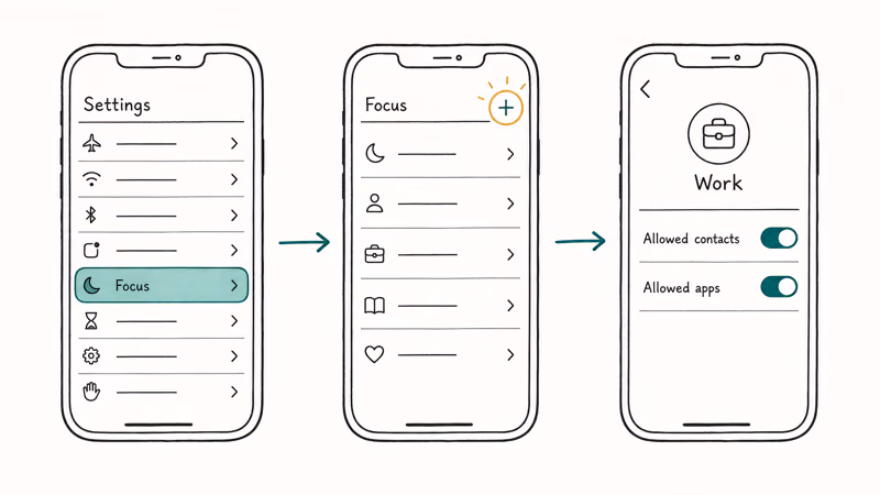 Hand-drawn three-step iPhone flow showing how to create a new Focus mode named Work from Settings.