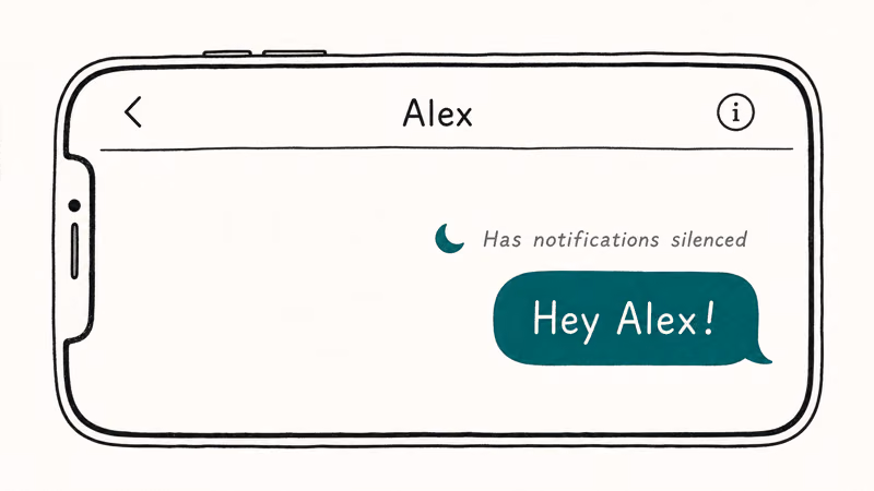 Hand-drawn iMessage thread showing a contact who has Focus Status enabled with a silenced notification banner.