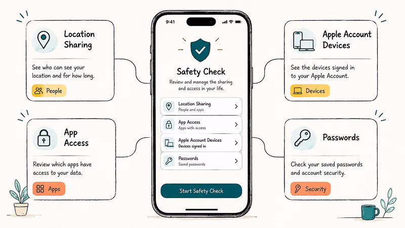 Hand-drawn iPhone dashboard grouping location, app access, and signed-in devices on one Safety Check screen