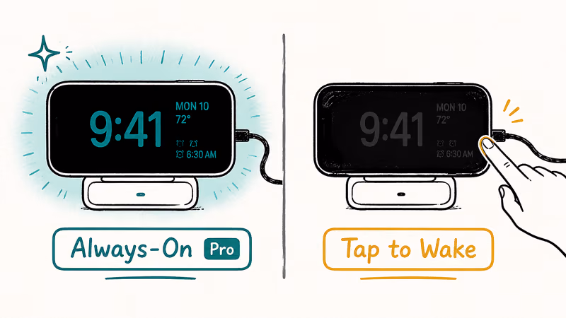 Two charging iPhones compared, one Always-On staying lit, the other waking on a tap