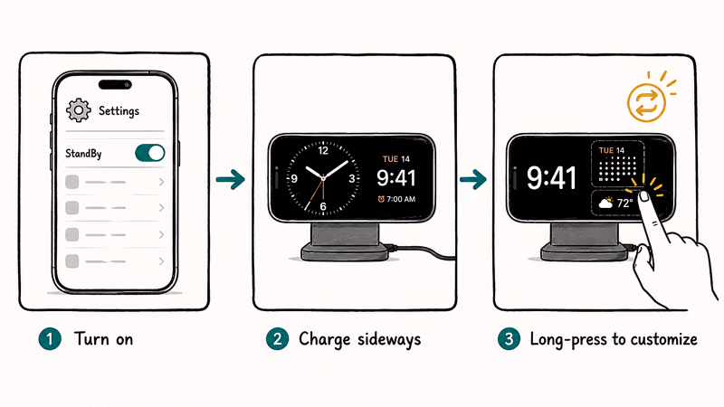 Three steps to enable StandBy, toggle on in Settings, charge sideways, long-press to customize