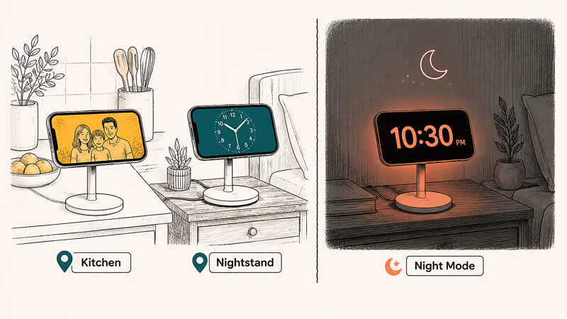 MagSafe chargers remembering views per location next to a red Night Mode StandBy at night