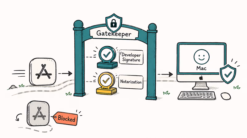 Illustration of macOS Gatekeeper checking an app for Apple Developer signature and notarization