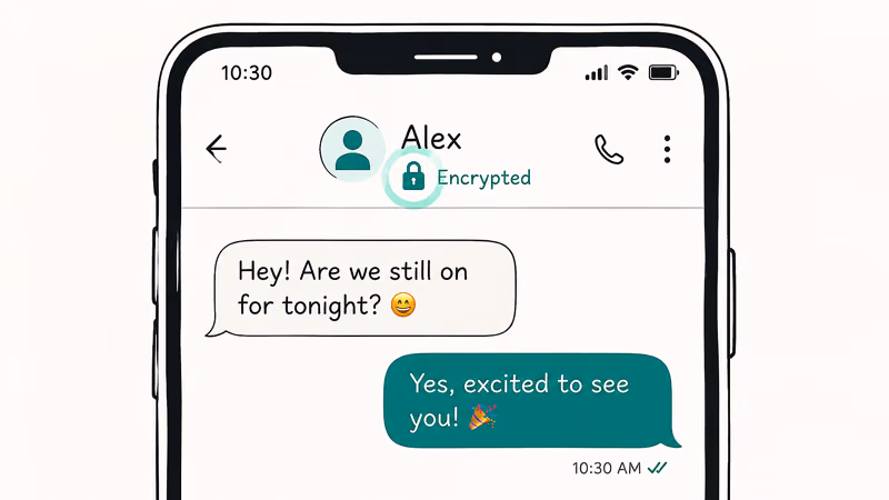 Phone messaging header showing an Encrypted label with a lock icon confirming end-to-end encryption