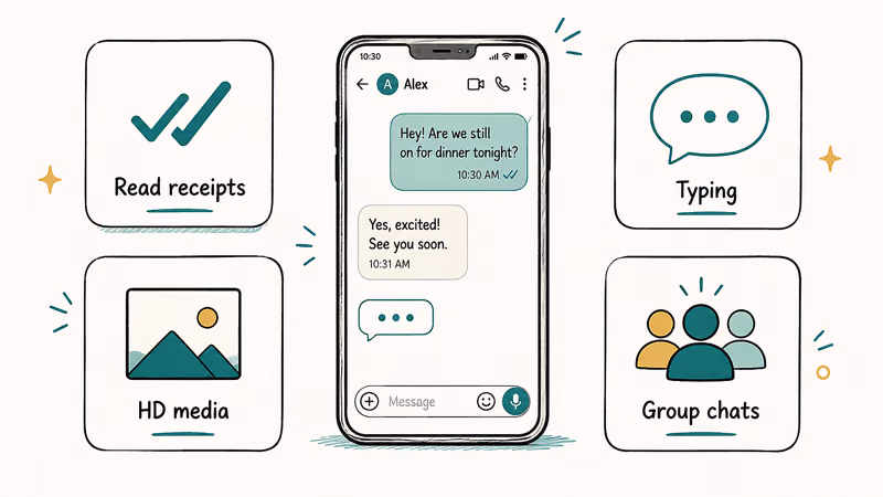 Grid of RCS features including read receipts, typing indicators, high-resolution media, and group chats