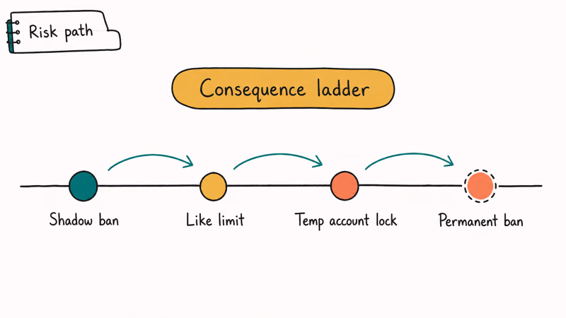 Timeline of TikTok spam like consequences from shadow ban and like limit to temp lock and permanent ban