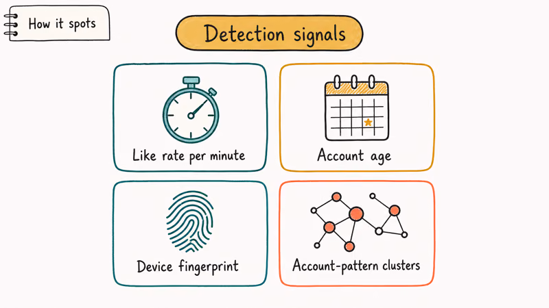 Grid of TikTok spam like detection signals including like rate account age fingerprint and clusters