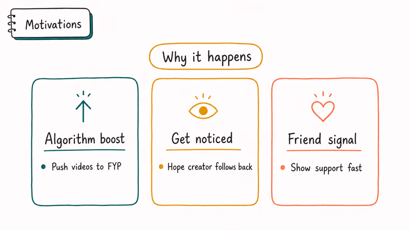 Three cards showing motivations behind TikTok spam liking including algorithm boost notice and friend signal