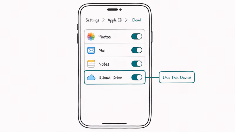 iPhone Apple ID iCloud screen with the iCloud Drive feature row toggle highlighted and switched on