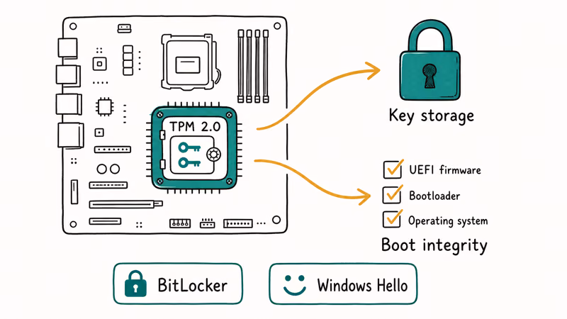 Hand-drawn diagram of a TPM chip sealing encryption keys and measuring PC boot integrity